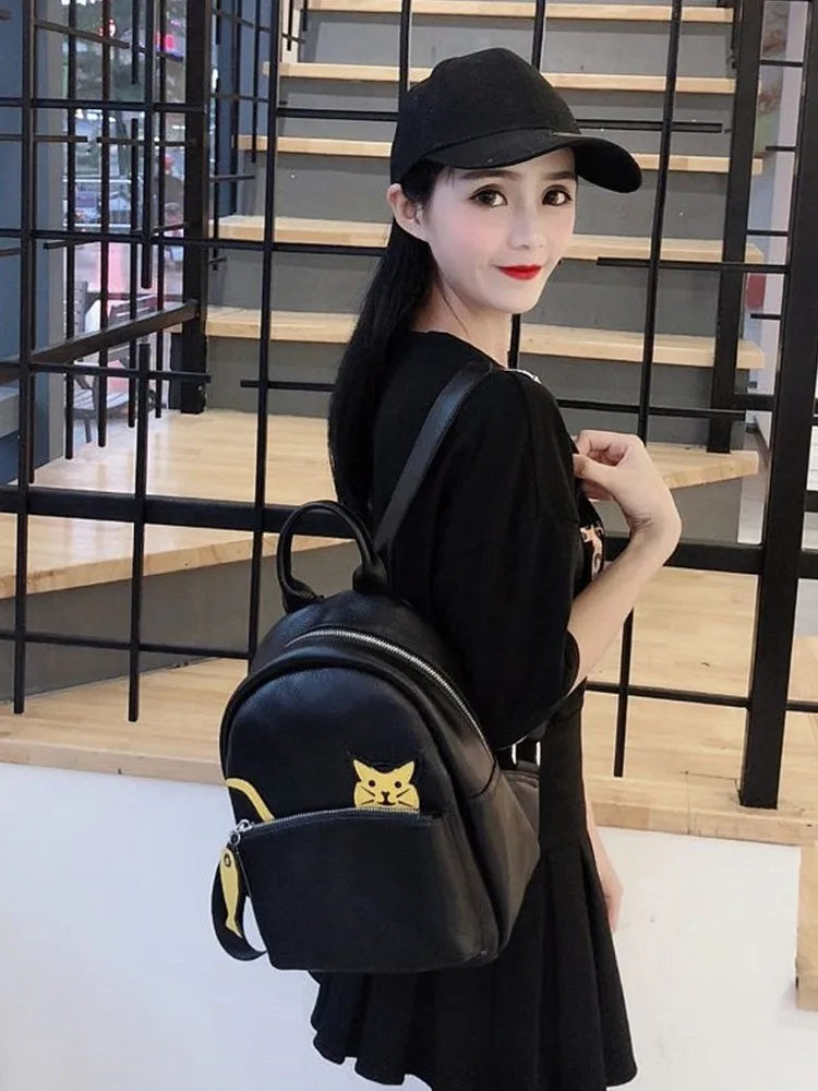 Cat-Motif Zip Backpack