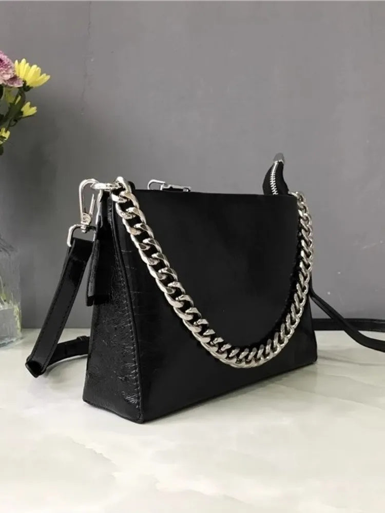 Chain-Detail Zip Shoulder Bag
