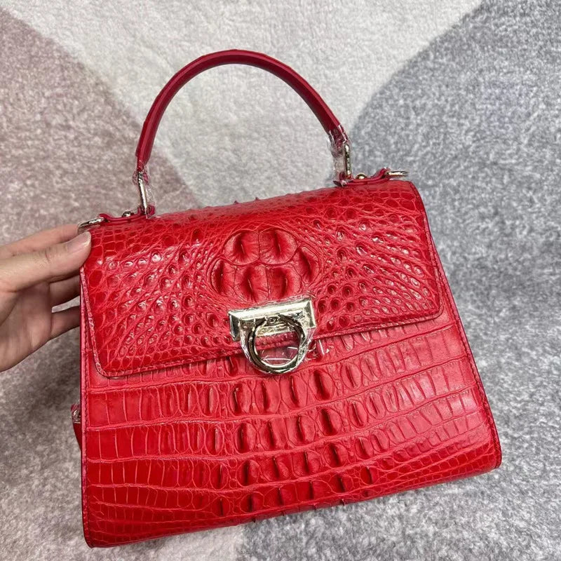 Croc-Pattern Ring-Clasp Handbag